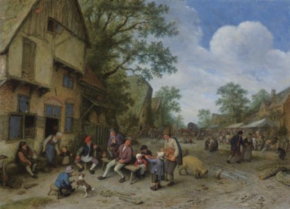 A village street with a hurdy-gurdy player and a violinist playing outside a tavern
