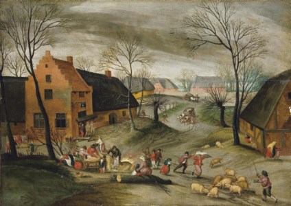 La Fête du cochon : A wooded winter village landscape with peasants slaughtering pigs