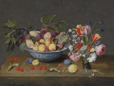 Apricots, plums and grapes in a bowl and strewn on a ledge, with a vase of flowers