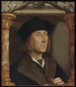 Portrait of gentleman, bust-length, in a fur-lined coat, telling a rosary, set in an architectural surround