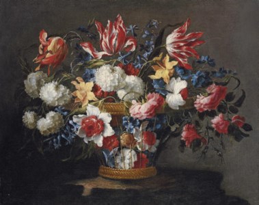 Snowballs, daffodils, tulips, roses and other flowers in a wicker basket on a ledge