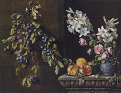 Branches of plums tied with a ribbon and suspended from a nail, with lilies and roses in a blue and white porcelain vase, on a sculpted ledge with pomegranates and grapes