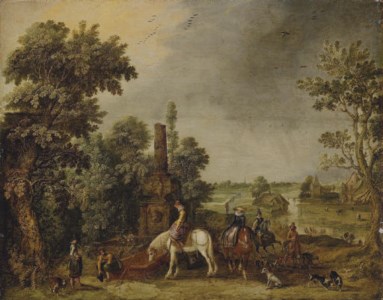 An extensive landscape with a hunting party halting by a classical fountain