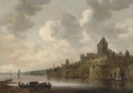 JAN JOSEFSZ. VAN GOYEN, The Valkhof at Nijmegen, with a coach and four on a ferry on the river Waal in the foreground