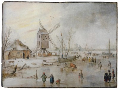 A winter landscape with figures on a frozen river near a windmill