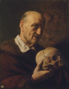 Jan Lievens, vanitas : An old man, half-length, in a fur-lined coat, holding a skull