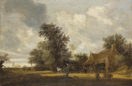 Salomon van Ruysdael, A wooded landscape with cattle, carriages on a track and an inn, a church beyond