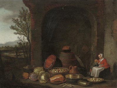 A maid with a child, preparing food in a courtyard, a landscape beyond