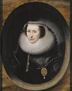Portrait of Sarah Harington, Lady Edmondes (c.1566-1629), bust-length, in a black dress and ruff, a head-dress with pearls, and a pendant with monogram 'H', in a feigned marble oval