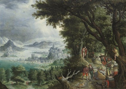 An extensive mountainous landscape with the Predication of Saint John the Baptist