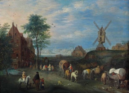 A landscape with travellers on a road in a village, a windmill nearby