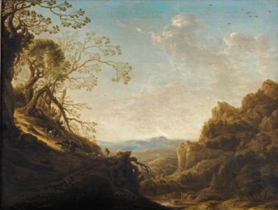 An extensive mountainous landscape with travellers and a shepherd with his flock on a path, a valley beyond