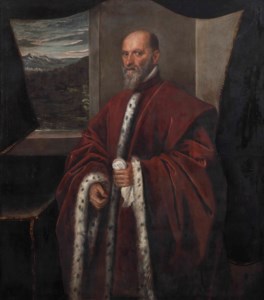Portrait of a Venetian Senator, three-quarter length, in a red ermine-lined robe standing by a window with a mountainous landscape beyond