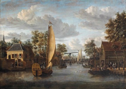 A view of the river Oude Rijn in Alphen aan den Rijn, with an elegant company in a yacht and other figures strolling along the river and on boats