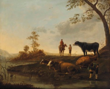 Herdsmen and their cattle on a river bank