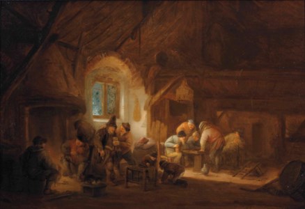A barn interior with peasants conversing by a fire place, drinking and playing backgammon
