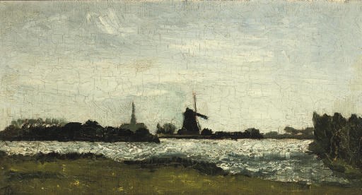 River landscape with steeple and mill