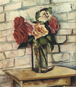 A still life with roses in a glass vase