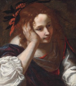 A young girl in a red dress with a purple cloak, her head resting on her hand