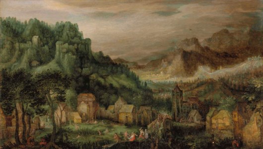 An extensive mountainous landscape, with the Return from the Kermesse