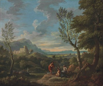 An extensive classical landscape with shepherds and shepherdesses, a fortified town beyond
