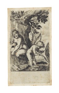 Venus regarding Cupid who is cutting a new bow, from: Scherzi d’Amore