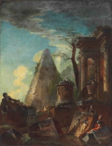A capriccio of classical ruins with the Pyramid of Cestius beyond