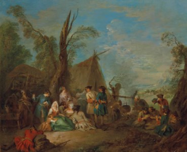 Soldiers and vivandières cooking and resting around a campfire, a wagon and a tent beyond