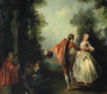 Elegant figures dancing in a wooded landscape