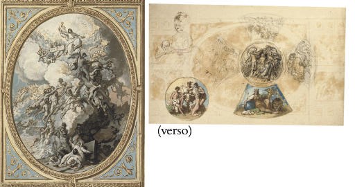 Design for the ceiling decoration of the Royal Chapel, Windsor Castle, with The Last Judgement, centre, the Evangelists Matthew and Mark, above, and the Evangelists Luke and John, below ( recto ); Designs for the ceiling decoration of the Royal Academy Council Chamber at Somerset House, showing The Graces unveiling Nature, surrounded with Allegories of the Four Elements ( verso )