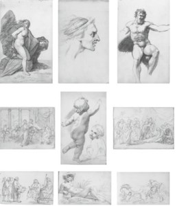 A sketchbook of eighty-one drawings, including An expressive male head ( illustrated b); Study of a draped female nude; Profile of a bearded man; Profile of a man, possibly taken from a Roman bust; Profile of a bearded man, possibly taken from a Greek statue; Three figures in Renaissance costume; Life study for a standard-bearer; A draped male nude seen from behind; A reclining river nymph ( illustrated e); Two life studies of a draped female nude; A muscular male nude ( illustrated c); A male nude seated on a step; A seated female nude wearing a hair net; Profile of a young girl in prayer; Cupid; David playing the harp; Study of a woman's arm; A seated male nude holding a thunderbolt; Life study of a female nude in a Mannerist pose; A reclining male nude; Two seated male nudes in Classical costume; Andromeda ( illustrated a); Sketch of a reclining female nude; Composition study for 'The Rape of Persephone' ( illustrated i); Two male figures in Biblical drapery; Composition study for 'Hector parting from Andromache and Astyanax'; Life study of a seated male nude; Designs for hairstyles for 'Juno presenting the Cestus to Venus'; The infant Hercules strangling the serpent; Studies for 'The Resurrection' ( recto and verso ); Studies of shoulder muscles; Composition study with labourers and a wagon in a barn; Study of cattle; Study of two infants and two grotesque heads; Petitioners appealing to a lord ( illustrated g); Venus and Cupid; Four life studies of a seated female nude; A cloaked, seated Native American warrior; Life study of a seated male nude; Philosophers disputing; Study of a doorway; Seven studies of écorché limbs; Two composition studies showing a robed, chained figure in a hall before a judge; A young woman in the presence of a ruler; Study of a putto ( illustrated e); Two sheets of studies of figures in contemporary dress; Narcissus; A robed, bearded figure, possibly an Apostle; Narcissus and Echo; Sketch of Narcissus; Two classical male figures in an interior [half the page has been excised]; 'Noli me tangere'; Esther before Ahasuerus; A kneeling female figure; Study for 'The Death of Epaminondas' ( illustrated f); Two composition studies for pastoral scenes; A Roman orator addressing troops before a temple; Study for 'Hector parting from Andromache and Astyanax'; Sketch of a sacked city, possibly Troy; Aphrodite bringing Helen to Paris ( illustrated d); Study of two figures, probably for 'Rinaldo and Armida'; A young man fording a river with two horses; Venus requesting armour for Aeneas from Vulcan; Composition study of Thetis supplicating Zeus; and Head of a bearded man