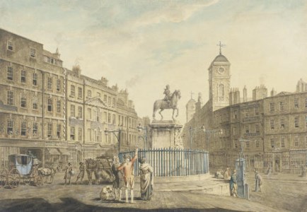 Charing Cross, London, showing the various buildings around the square, many of which are identified