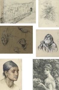 One hundred and twenty-five landscape, architectural, figure, animal, plant and drapery studies including: View of St James' Park, London; View of Richmond Hill; View on Hampstead Heath; Draycot Church; View on the Orwell; Florence; Roman Campagna; L'Assunta; Costa conducting the monster Orchestra at Crystal Palace; Isleworth; Harewood; Bamborough; Capri; View near Boscastle; Alhambra; Simplon Pass; Orta; Lymington; Pardo; Wilton; Study for 'The Cave of the Storm Nymphs', Tintagle; Lake Brora; Eugenie and Study for 'Blossom'