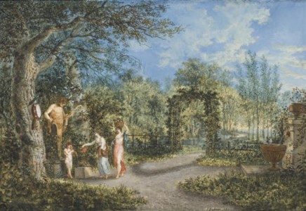 Vue d'un parc, avec deux femmes et un enfant devant une statue