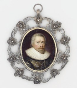 A gentleman, in silver-embroidered grey doublet, white lace ruff, moustache and small pointed beard