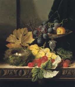 Still life with a bird's nest, black and white grapes, a greengage in a tazza, and some raspberries, on a wooden ledge