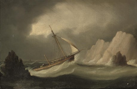 A dismasted schooner running into dangerous waters