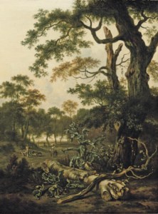 A wooded landscape with a fallen tree trunk, thistle and figures beyond
