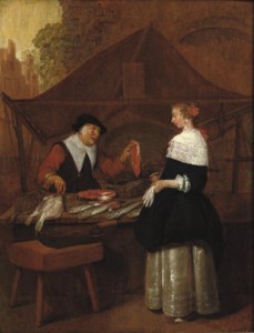 A fishmonger selling her wares to an elegant lady at a stall