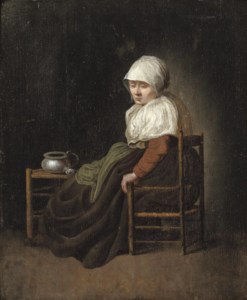A woman seated in a chair by a stool with a pewter pot