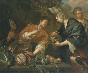 A lady buying fruit at a market stall