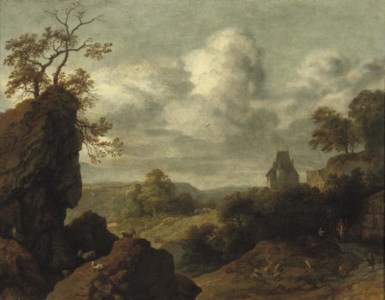 A rocky landscape with figures on a track, a castle beyond