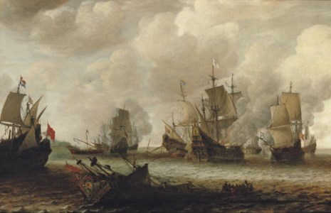 A naval battle between Dutch and Spanish men o'war