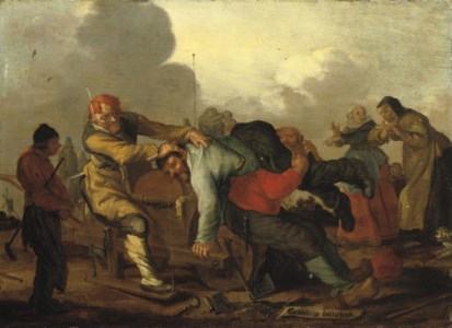 Figures brawling with onlookers on a road