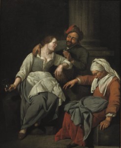 A couple embracing, a procuress asleep nearby