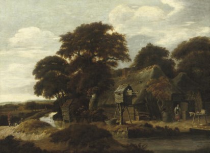 A wooded river landscape with a farmyard and a dovecote