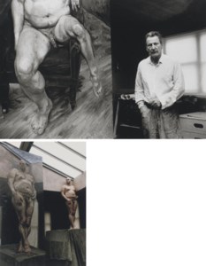 Lucien Freud standing with portrait of Leigh Bowery, 1990; Leigh Bowery posing with painting, 1994