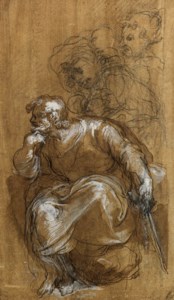 A seated bearded Man in profile to the left, three standing figures beyond