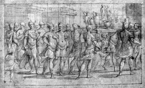 A classical Procession with Dignitaries and Soldiers carrying a Litter of Trophies