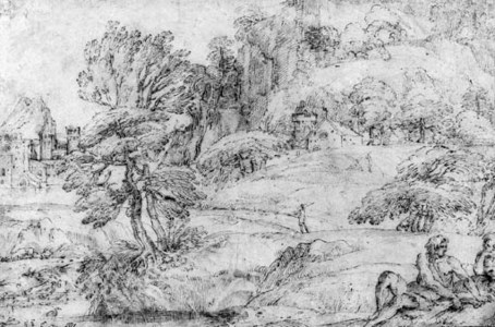 An extensive mountainous Landscape with two Figures in the Foreground and a Castle by a River